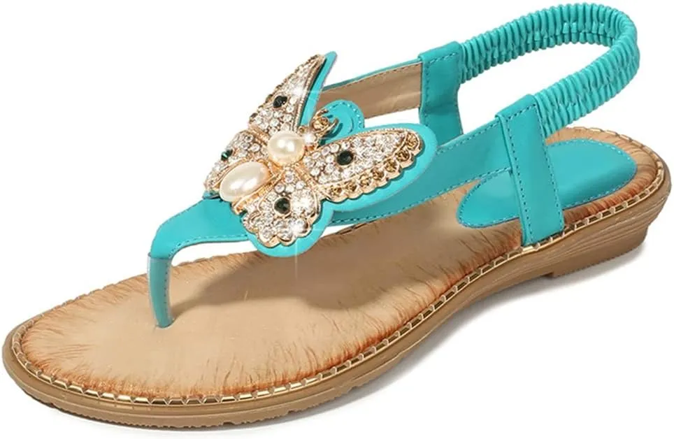 MIOKE Women's Boho Bling Jeweled Flat Sandals T-strap Summer Beach Slingback Retro Flipflops Thong Sandal
