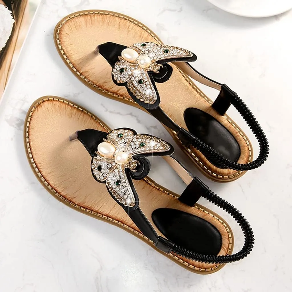MIOKE Women's Boho Bling Jeweled Flat Sandals T-strap Summer Beach Slingback Retro Flipflops Thong Sandal