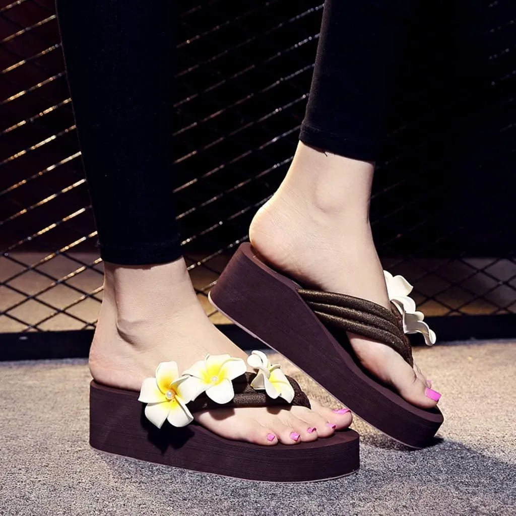 MIOKE Women's Boho Flowers Wedge Flipflops Sandals Summer Comfort Platform Anti-Slip Beach Thong Sandals