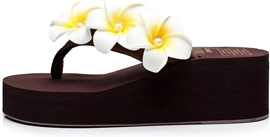 MIOKE Women's Boho Flowers Wedge Flipflops Sandals Summer Comfort Platform Anti-Slip Beach Thong Sandals