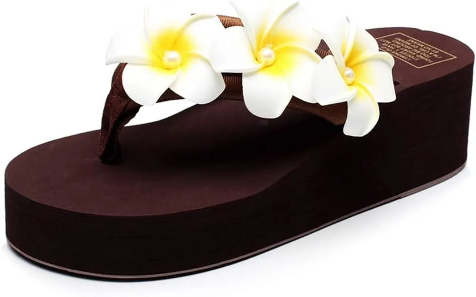 MIOKE Women's Boho Flowers Wedge Flipflops Sandals Summer Comfort Platform Anti-Slip Beach Thong Sandals