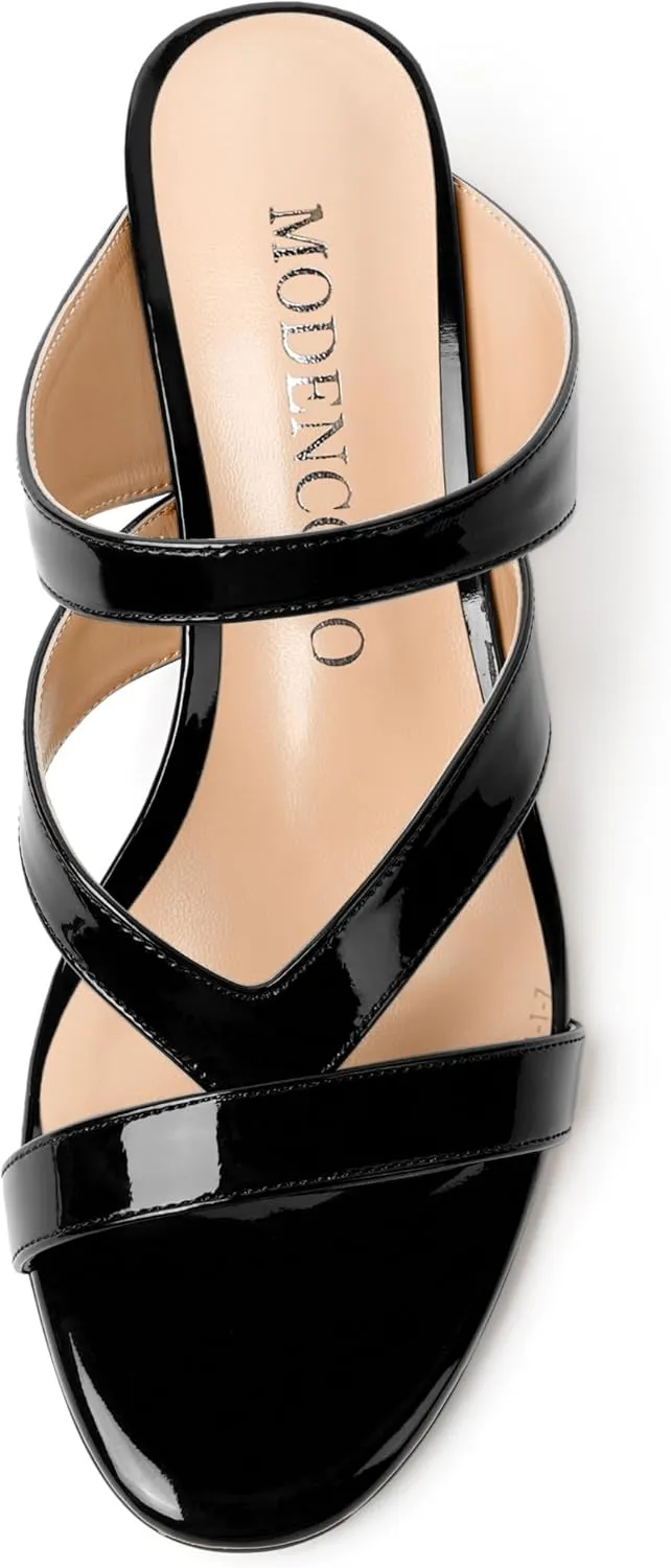 MODENCOCO Womens Patent Party Open Toe Stylish Casual Strappy Slip On Kitten Low Heel Heeled Sandals 2 Inch