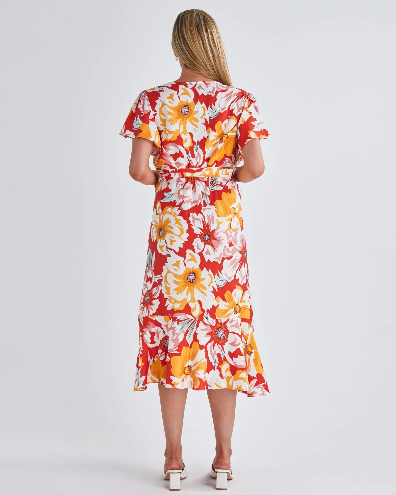 Molly Maternity Wrap Midi Dress In Red Flora