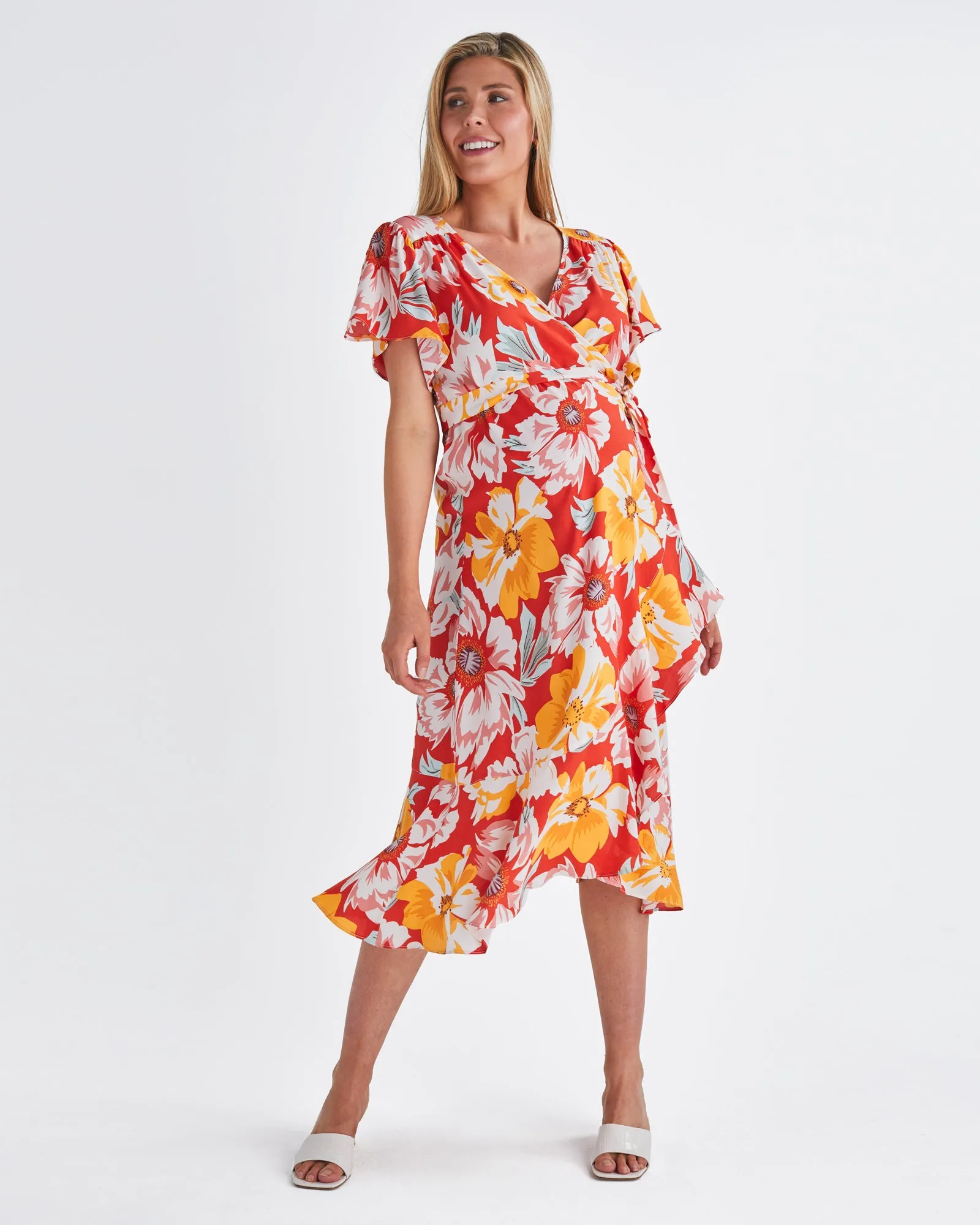 Molly Maternity Wrap Midi Dress In Red Flora