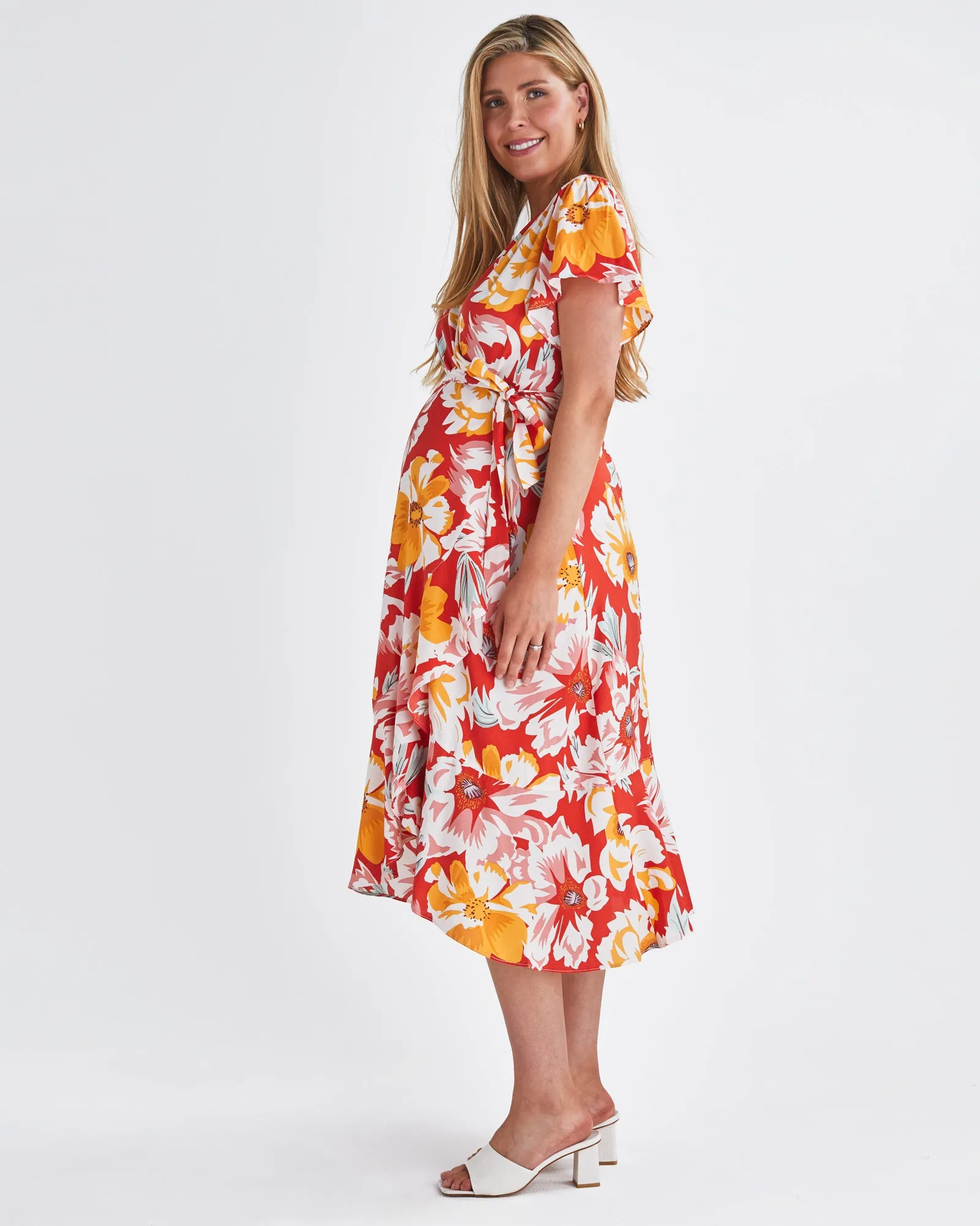 Molly Maternity Wrap Midi Dress In Red Flora