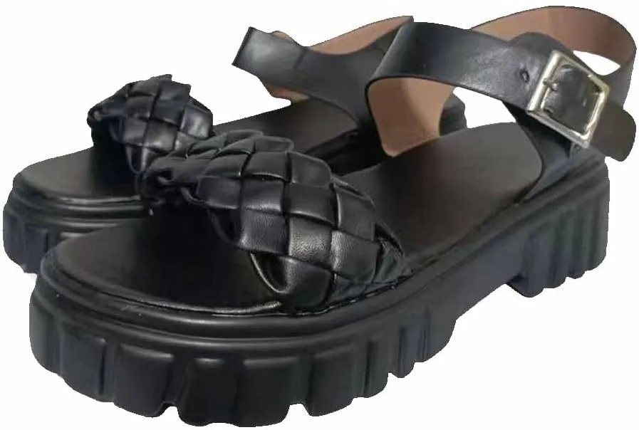 MSYINGL Women Braided Strappy Platform Sandals,Leather Open Toe Solid Buckle Strappy Summer Beach Stylish Sandals