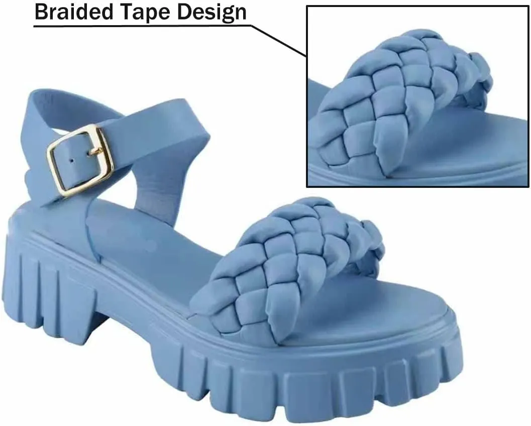 MSYINGL Women Braided Strappy Platform Sandals,Leather Open Toe Solid Buckle Strappy Summer Beach Stylish Sandals