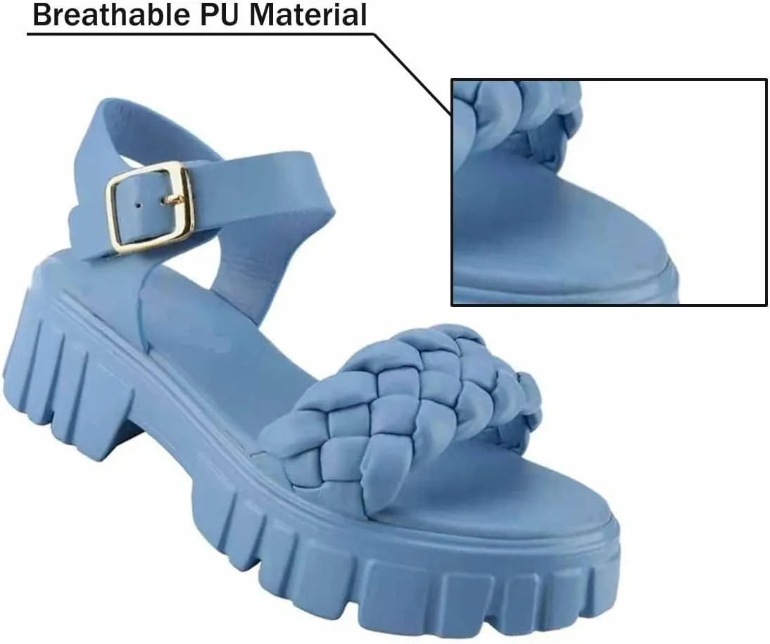 MSYINGL Women Braided Strappy Platform Sandals,Leather Open Toe Solid Buckle Strappy Summer Beach Stylish Sandals
