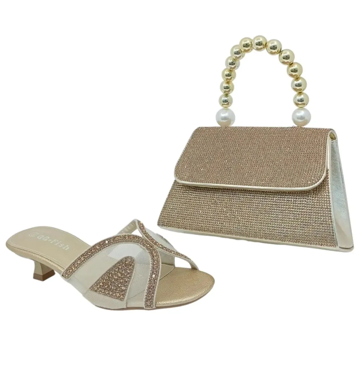 Qq Fish Mesh Net Rhinestone Sandals & Handbag Set