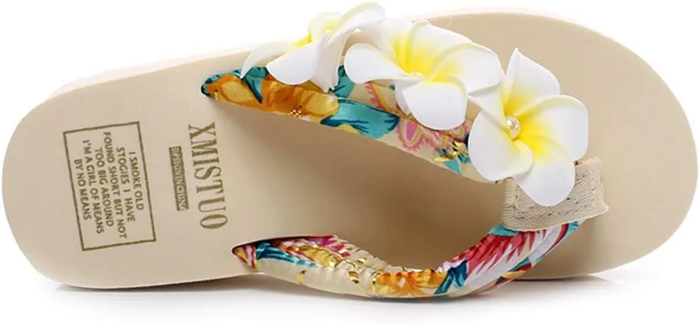 VOKLIN Women's Bohemian Flower Wedge Flipflop Sandals Summer Nonslip High Heel Platform Beach Thong Sandal