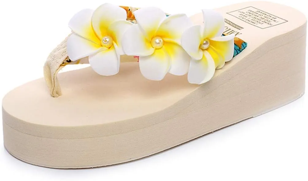 VOKLIN Women's Bohemian Flower Wedge Flipflop Sandals Summer Nonslip High Heel Platform Beach Thong Sandal