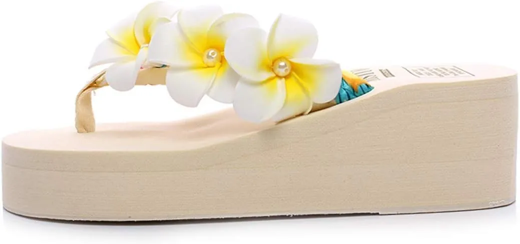 VOKLIN Women's Bohemian Flower Wedge Flipflop Sandals Summer Nonslip High Heel Platform Beach Thong Sandal