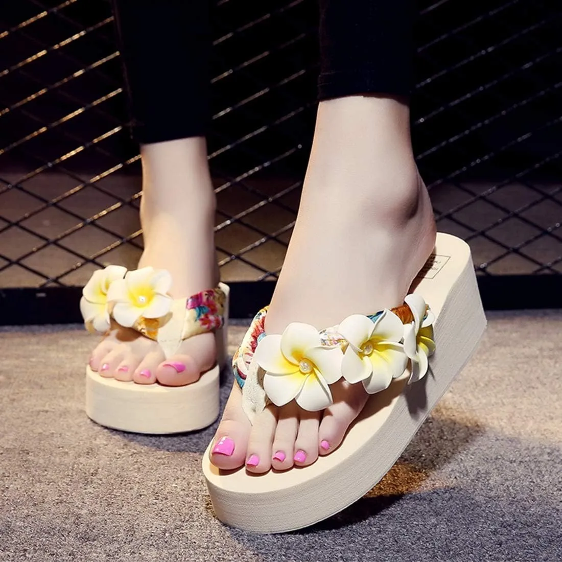 VOKLIN Women's Bohemian Flower Wedge Flipflop Sandals Summer Nonslip High Heel Platform Beach Thong Sandal
