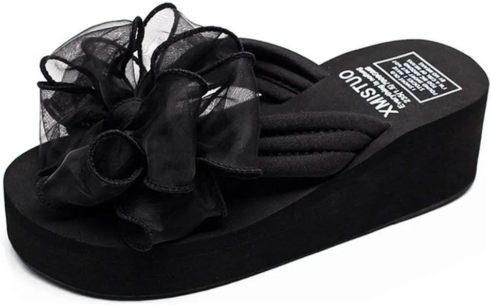 VOKLIN Women's Fashion Bohemian Bowknot Wedge Flipflops Sandals Comfort Nonslip Platform Summer Beach Sandal