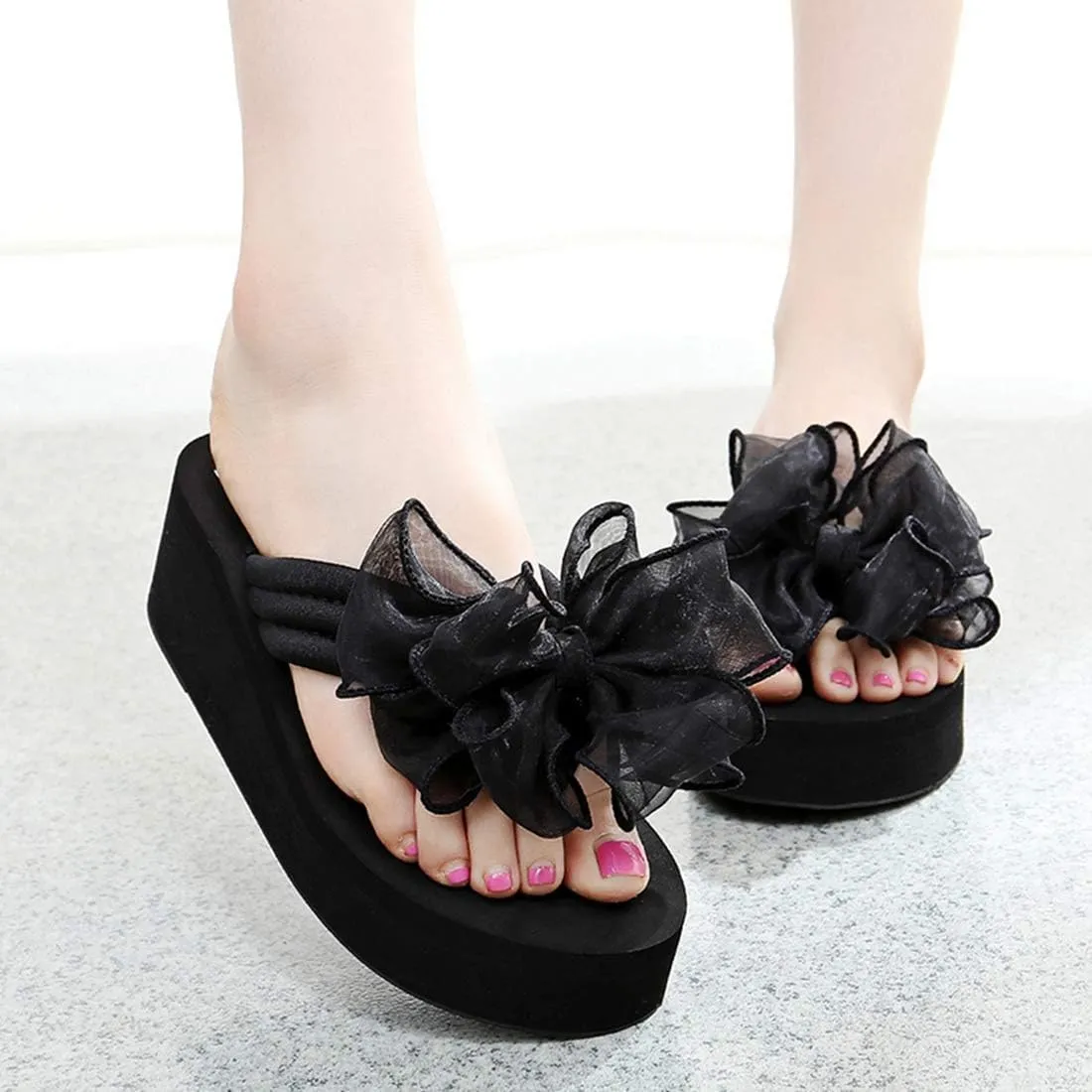 VOKLIN Women's Fashion Bohemian Bowknot Wedge Flipflops Sandals Comfort Nonslip Platform Summer Beach Sandal
