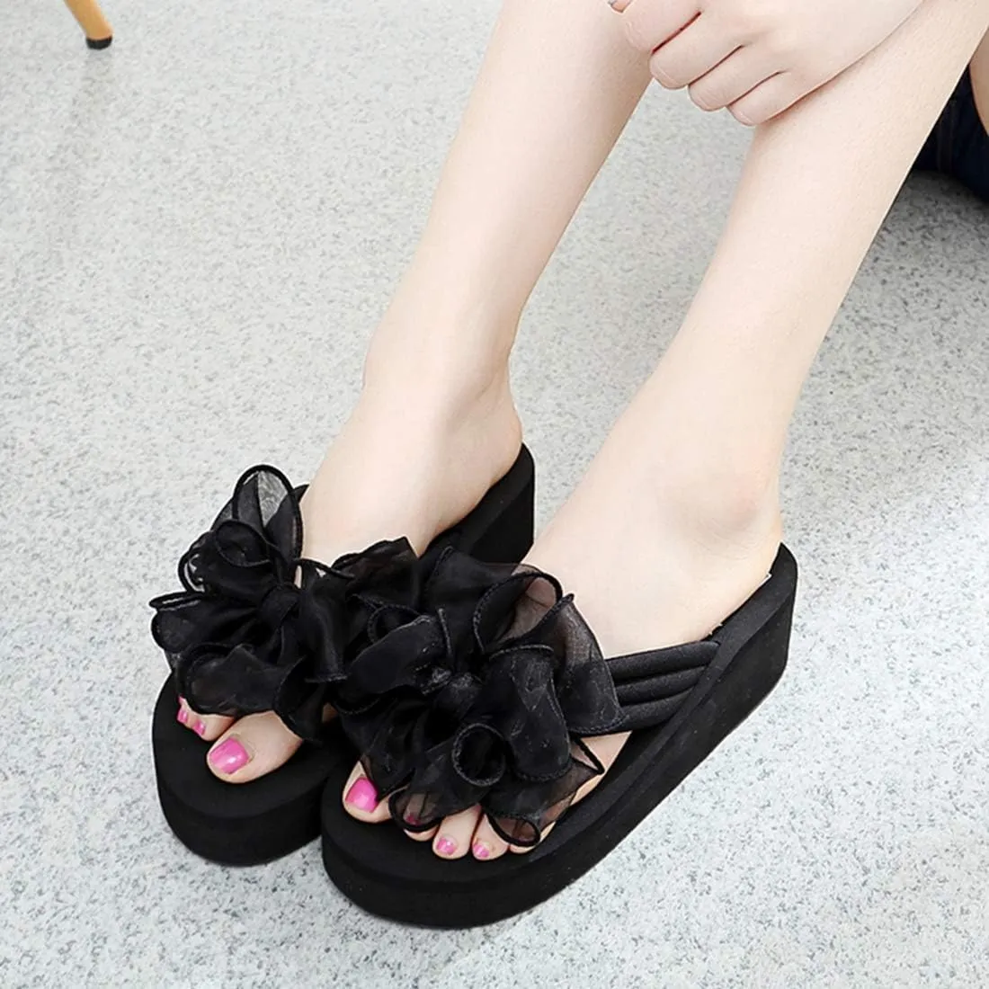 VOKLIN Women's Fashion Bohemian Bowknot Wedge Flipflops Sandals Comfort Nonslip Platform Summer Beach Sandal