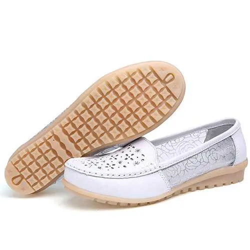 Women Hollow Out Slip On Casual Flat Shoes In Leather