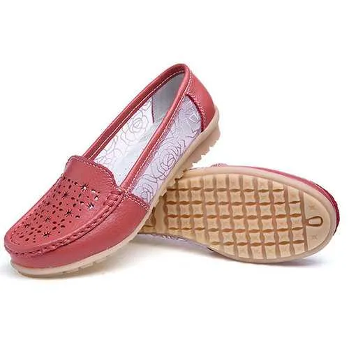 Women Hollow Out Slip On Casual Flat Shoes In Leather