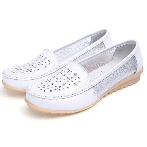 Women Hollow Out Slip On Casual Flat Shoes In Leather