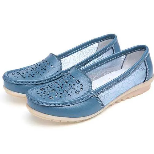 Women Hollow Out Slip On Casual Flat Shoes In Leather