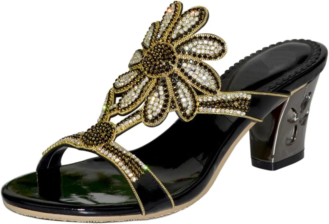 Women's Chunky Heel Glitter Rhinestone Sandals Jeweled Sandals Summer Stylish Sandals Womens Mules Sandals