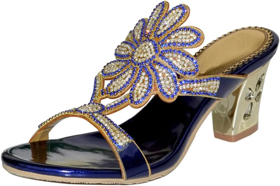Women's Chunky Heel Glitter Rhinestone Sandals Jeweled Sandals Summer Stylish Sandals Womens Mules Sandals
