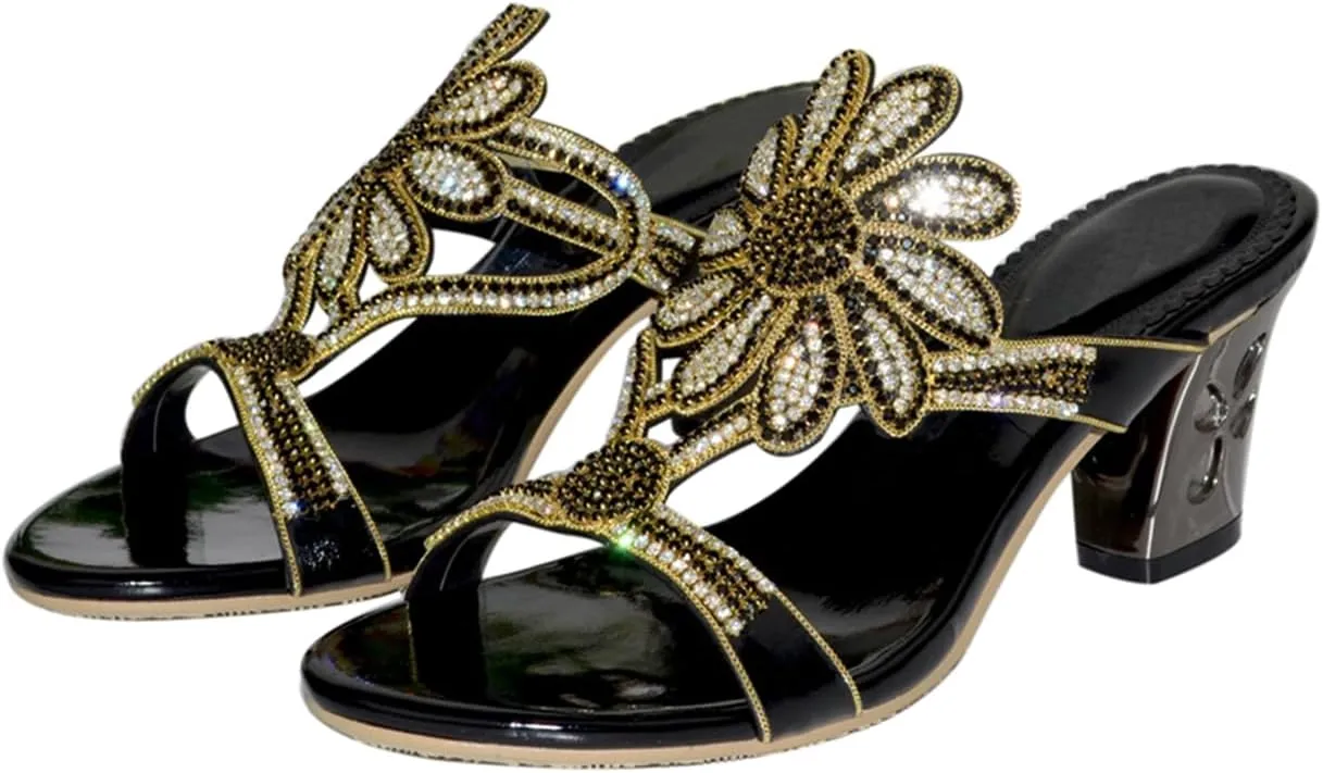 Women's Chunky Heel Glitter Rhinestone Sandals Jeweled Sandals Summer Stylish Sandals Womens Mules Sandals