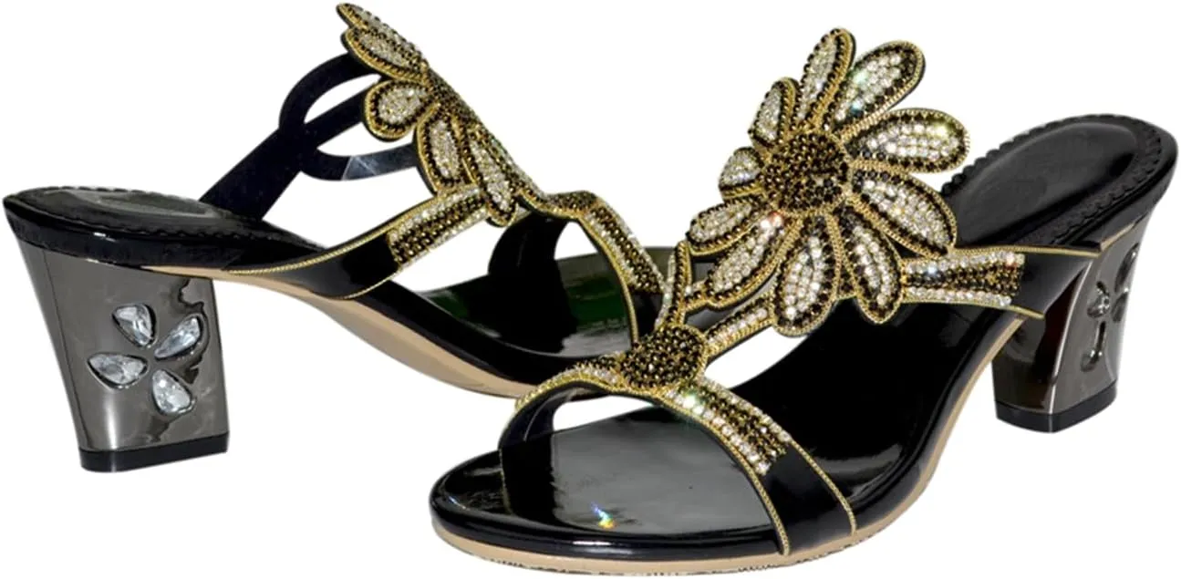 Women's Chunky Heel Glitter Rhinestone Sandals Jeweled Sandals Summer Stylish Sandals Womens Mules Sandals
