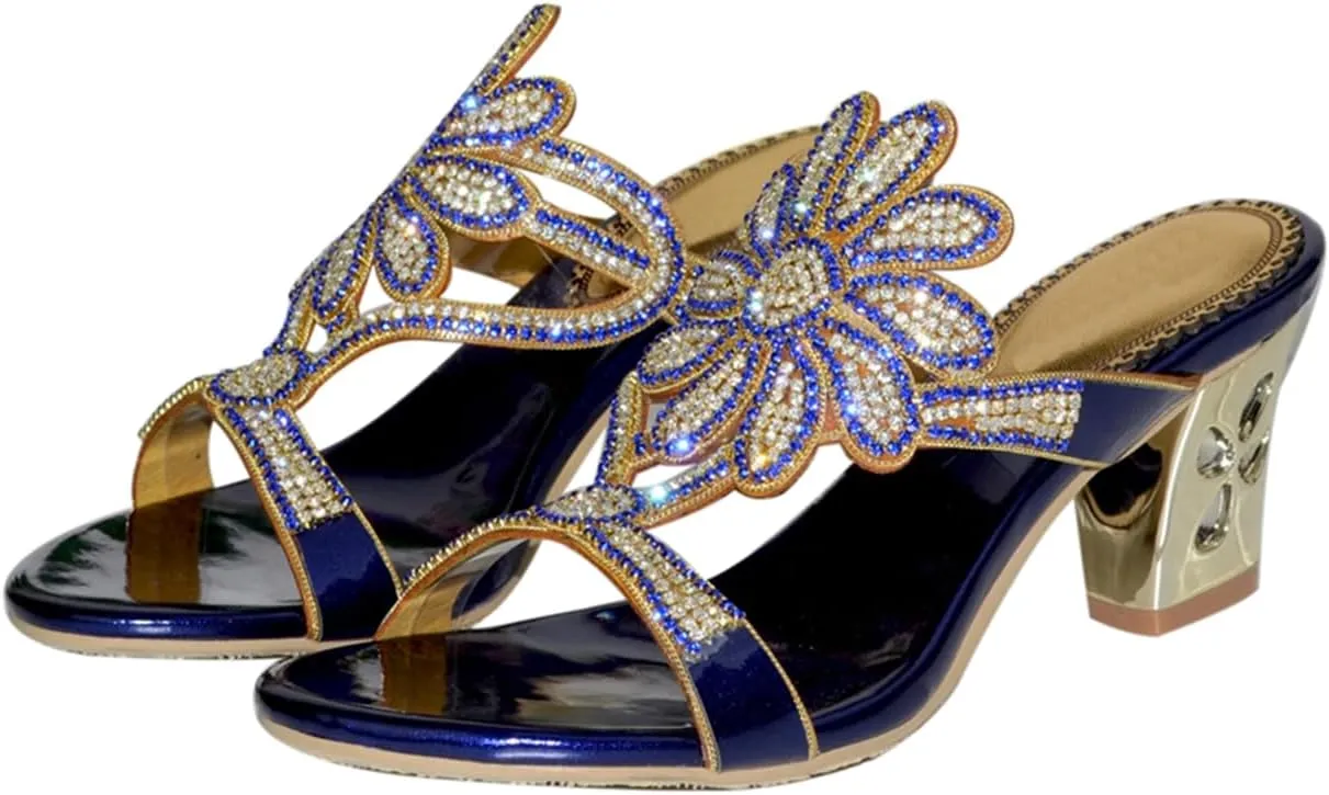 Women's Chunky Heel Glitter Rhinestone Sandals Jeweled Sandals Summer Stylish Sandals Womens Mules Sandals