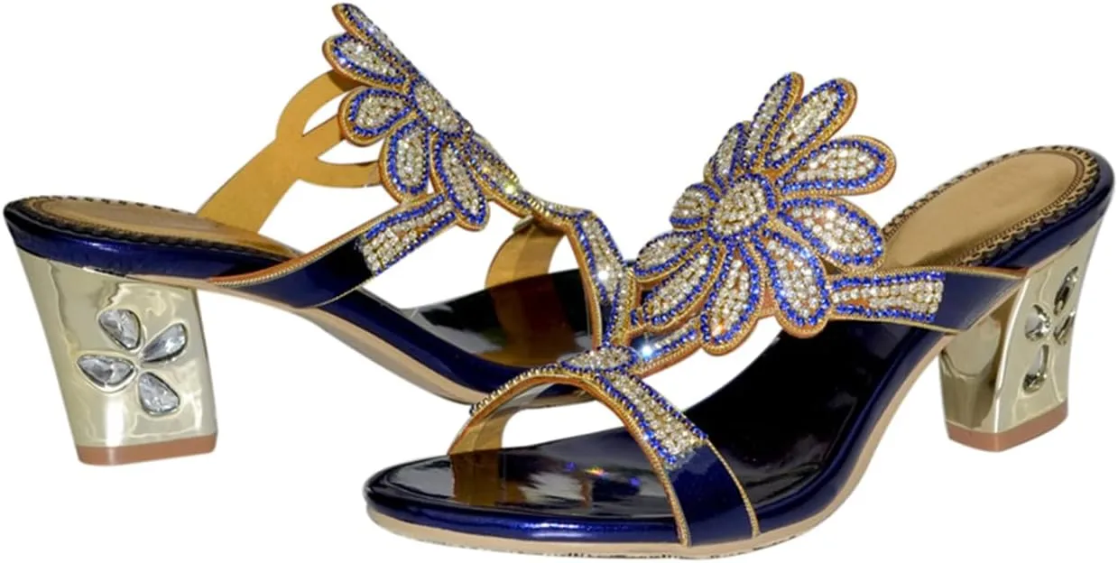 Women's Chunky Heel Glitter Rhinestone Sandals Jeweled Sandals Summer Stylish Sandals Womens Mules Sandals