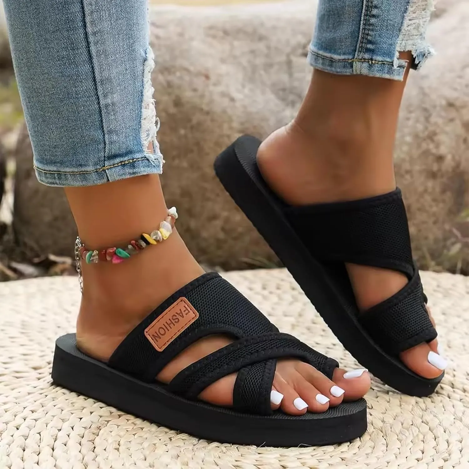 Women's Comfortable Breathable Mesh Flip Flops, Stylish Hollow Orthopedic Slide Non-Slip Beach Sandals with Arch Support(Black Gray,8.5)