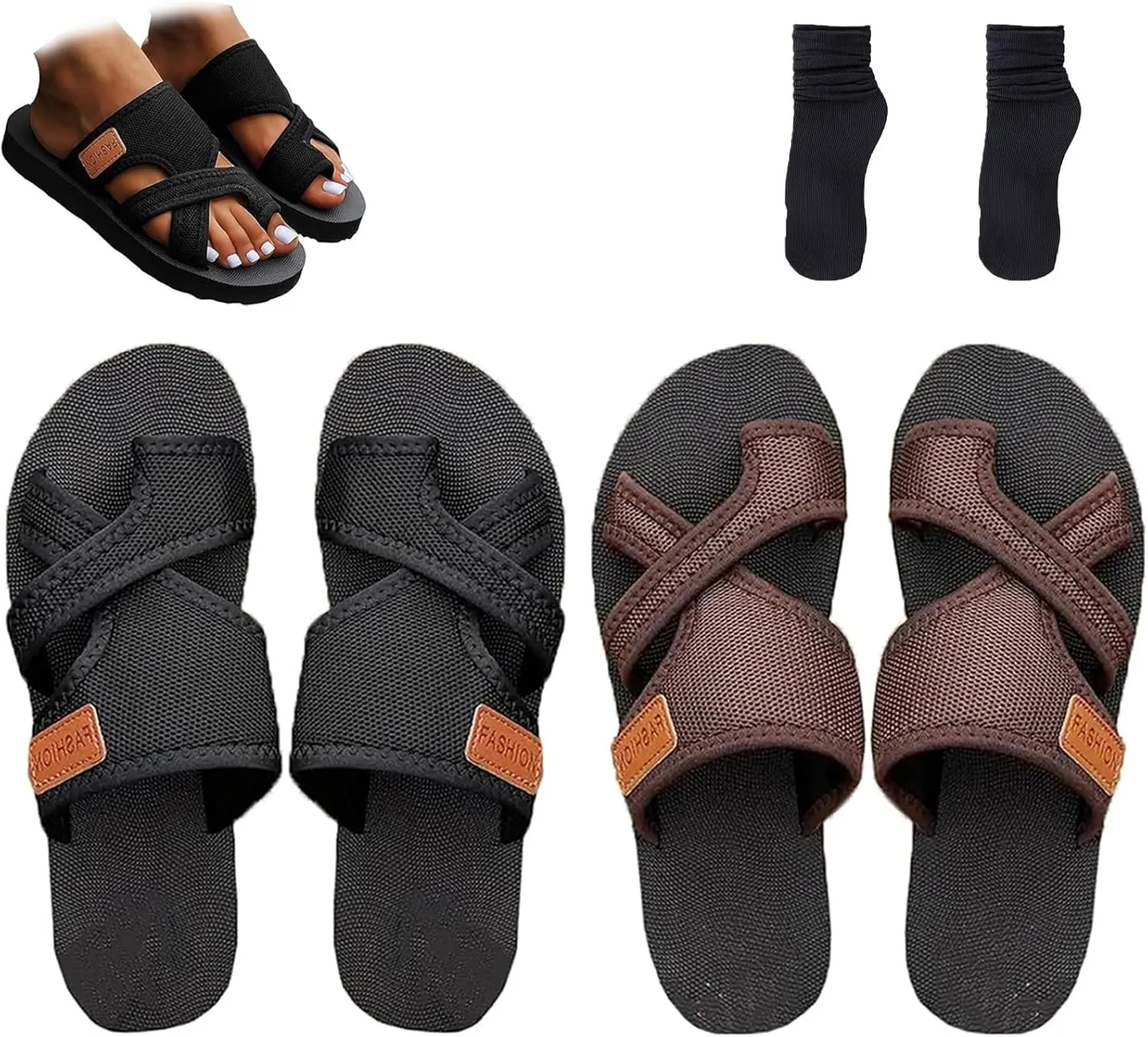 Women's Comfortable Breathable Mesh Flip Flops, Stylish Hollow Orthopedic Slide Non-Slip Beach Sandals with Arch Support(Black Gray,8.5)