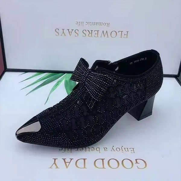 Women's Hollow Mesh Rhinestone Chunky Heel Mid-Heel Pointed-Toe Sandals 02321525C