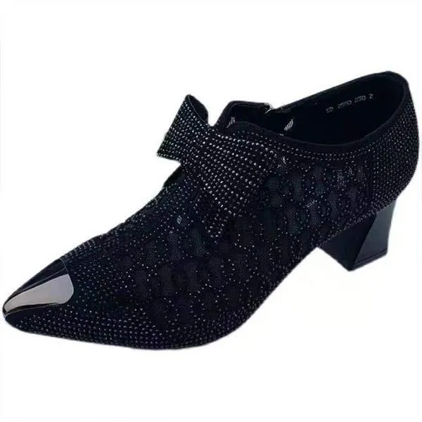 Women's Hollow Mesh Rhinestone Chunky Heel Mid-Heel Pointed-Toe Sandals 02321525C