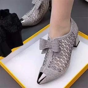 Women's Hollow Mesh Rhinestone Chunky Heel Mid-Heel Pointed-Toe Sandals 02321525C