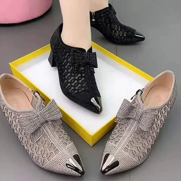 Women's Hollow Mesh Rhinestone Chunky Heel Mid-Heel Pointed-Toe Sandals 02321525C