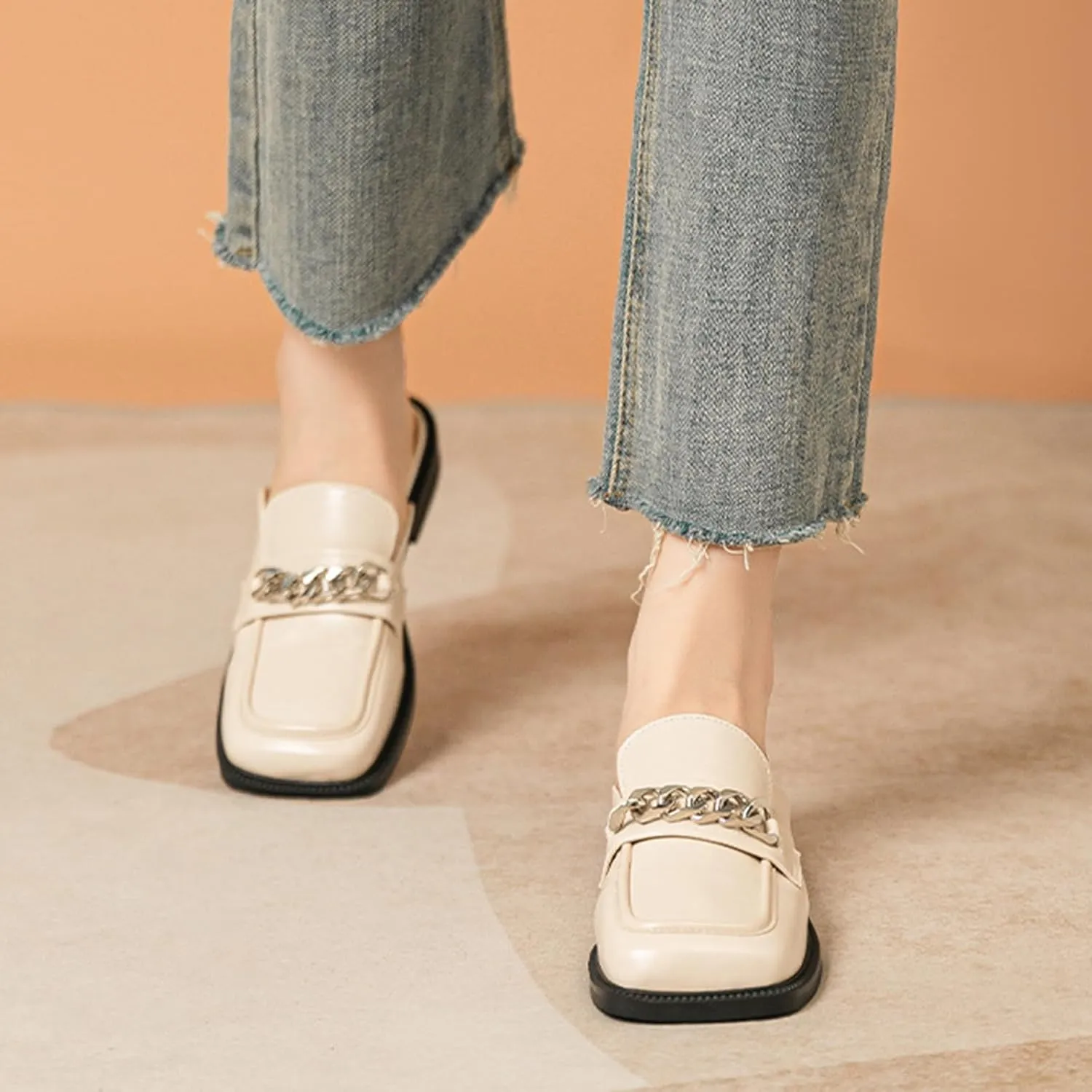 Women's Metal Chain Closed Square Toe Slip-on Mules,Comfortable Chunky Heel Backless Casual Loafers Slides Fashion Dress Shoes