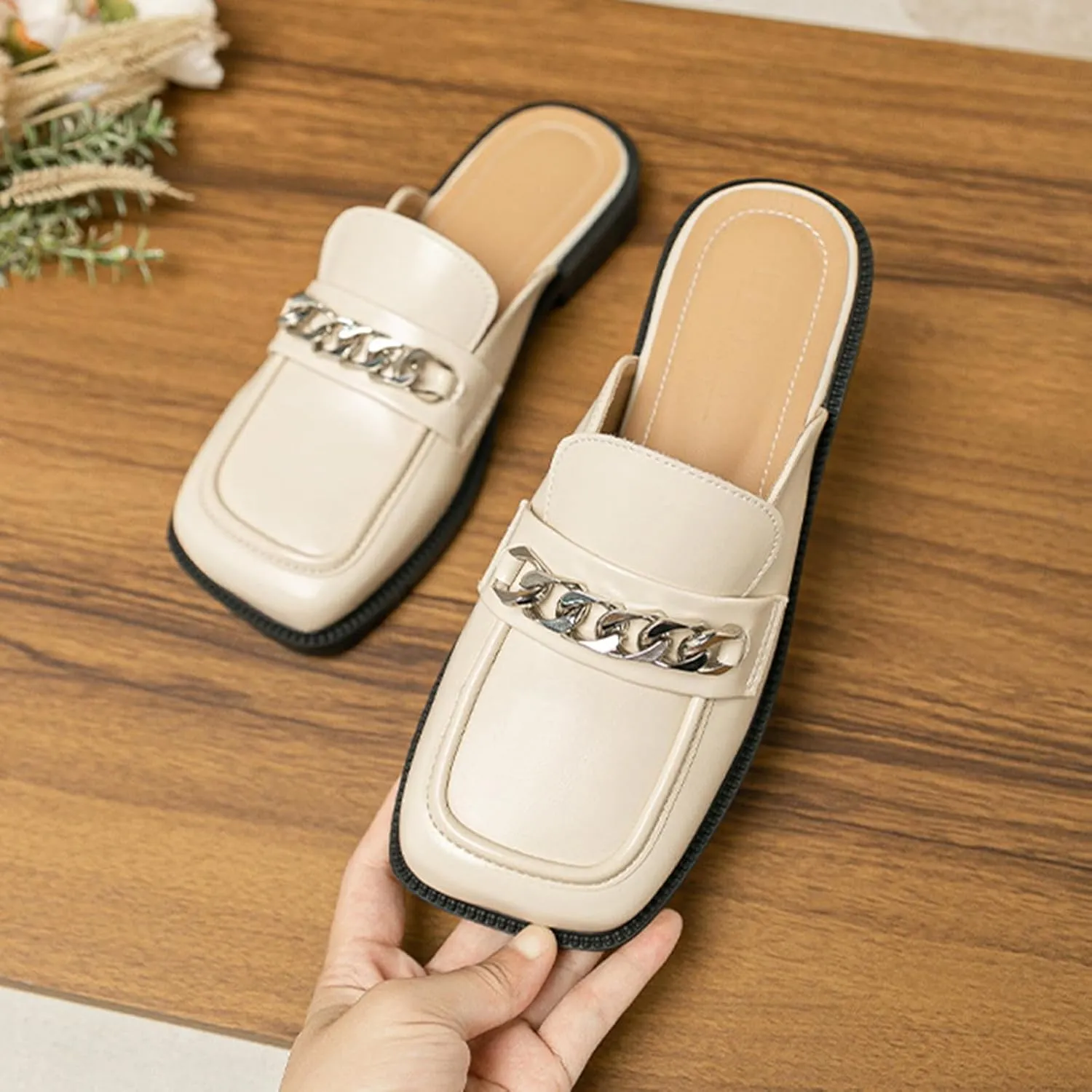 Women's Metal Chain Closed Square Toe Slip-on Mules,Comfortable Chunky Heel Backless Casual Loafers Slides Fashion Dress Shoes