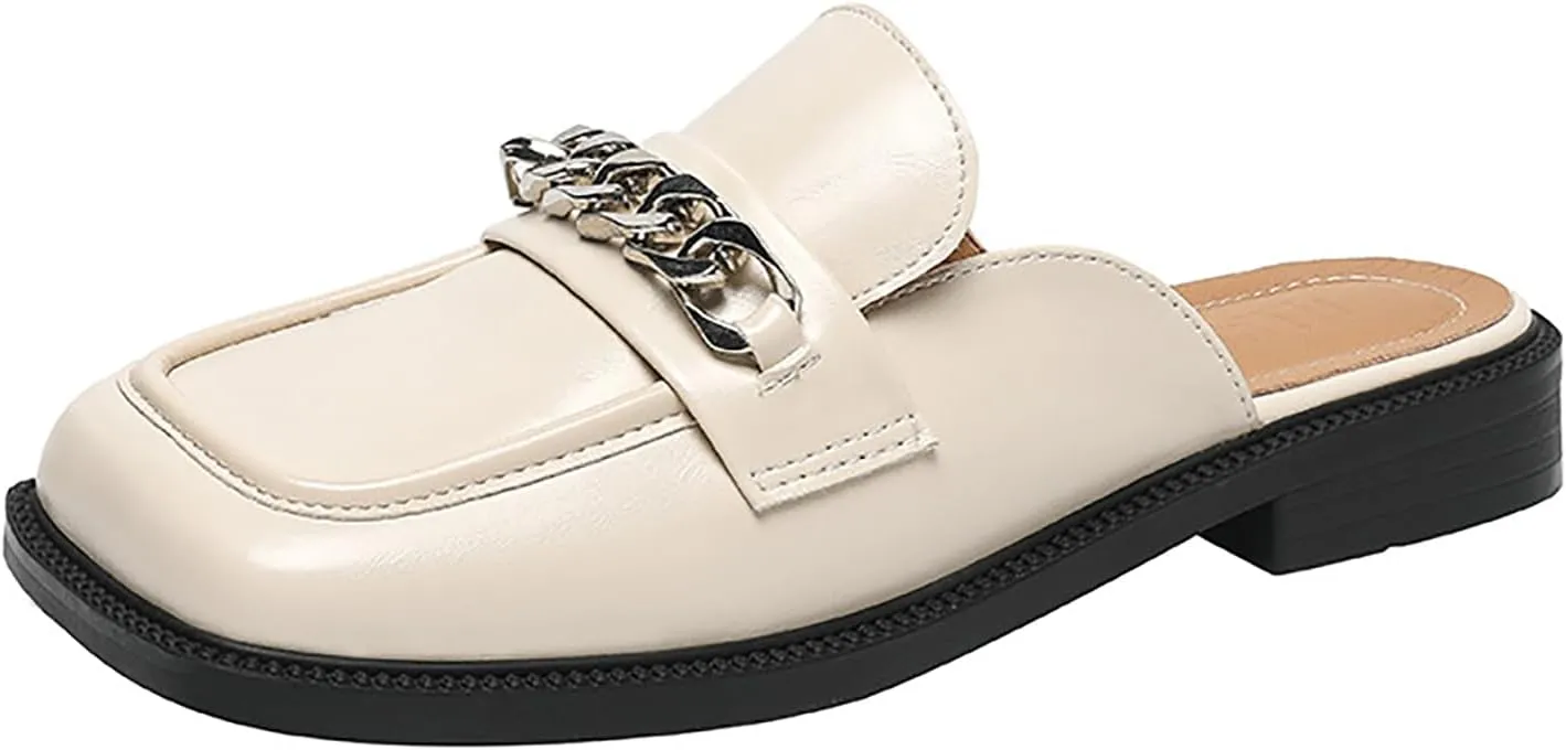 Women's Metal Chain Closed Square Toe Slip-on Mules,Comfortable Chunky Heel Backless Casual Loafers Slides Fashion Dress Shoes