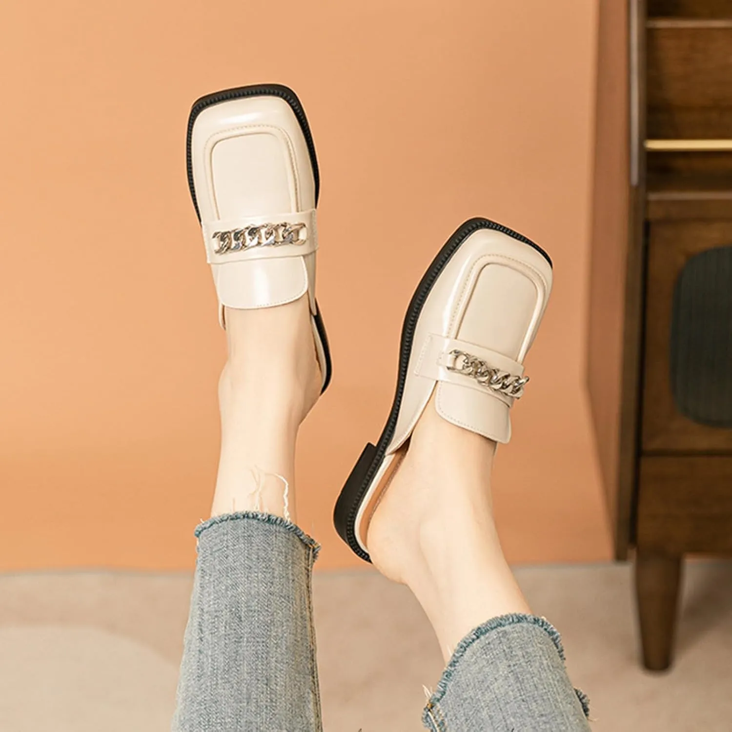 Women's Metal Chain Closed Square Toe Slip-on Mules,Comfortable Chunky Heel Backless Casual Loafers Slides Fashion Dress Shoes