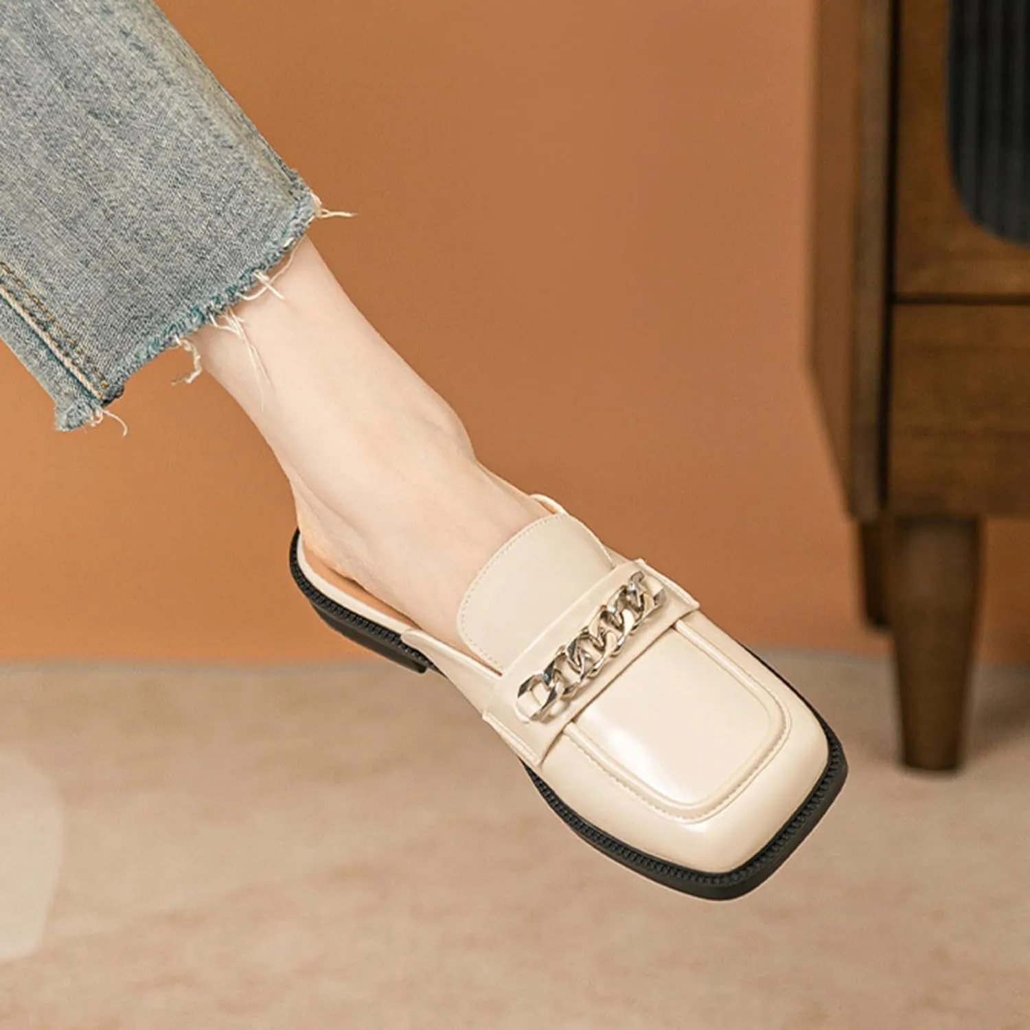 Women's Metal Chain Closed Square Toe Slip-on Mules,Comfortable Chunky Heel Backless Casual Loafers Slides Fashion Dress Shoes
