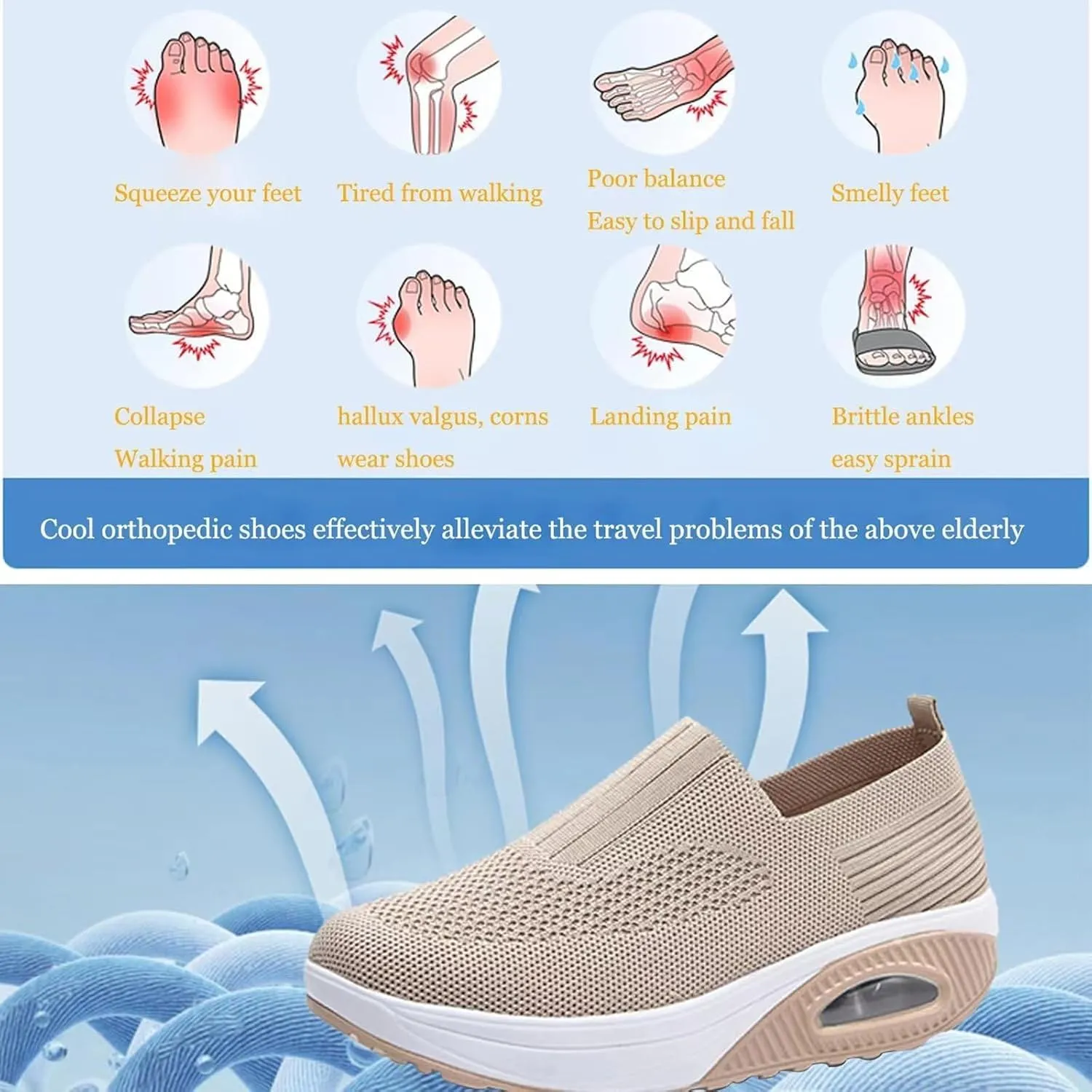 Womens Orthopedic Walking Shoes Mesh Breathable Arch Support Slip-on Light Air Cushion Orthopedic Sneakers Diabetic Shoe