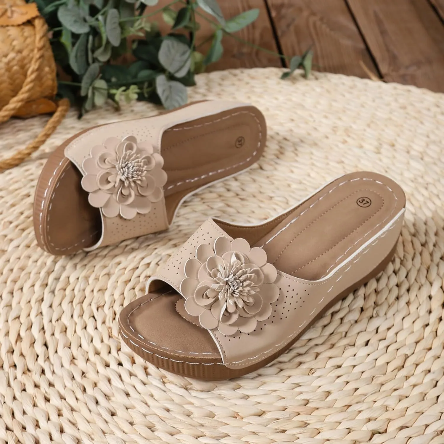 Womens Sandals Block Heel Fish Mouth Flowers Comfortable Hollow Out Open Toe Breathable Adjustable Strappy Shoes